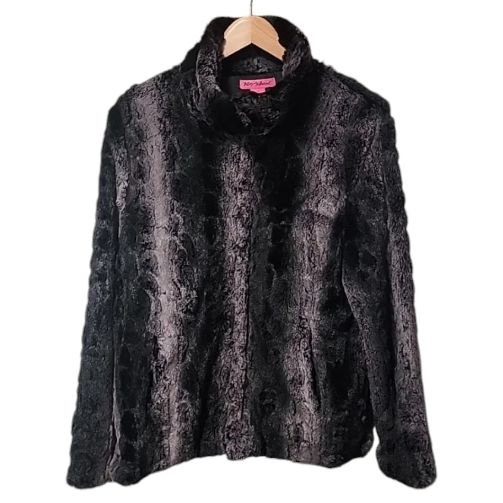 BETSEY JOHNSON Faux Fur Jacket L Super Soft Teddy Black Gray Animal Fuzzy Soft - Picture 9 of 10